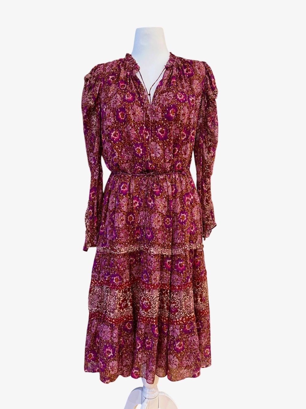 Ulla Johnson Alessandra Silk Blend Magenta Floral Tiered Long Sleeve Dress Boho